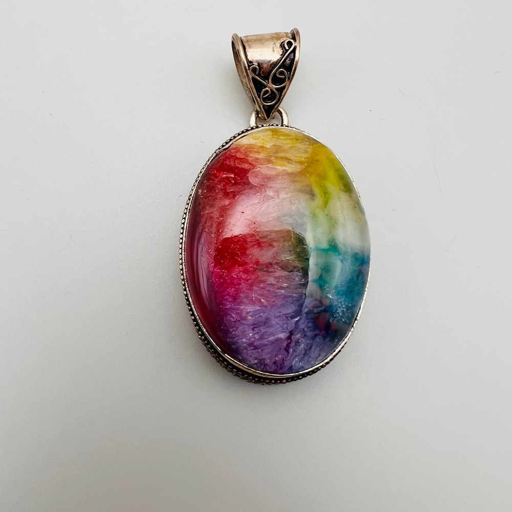 Multi Color Quartz Oval Pendant Filigree Bail Silver Tone Rainbow Necklace